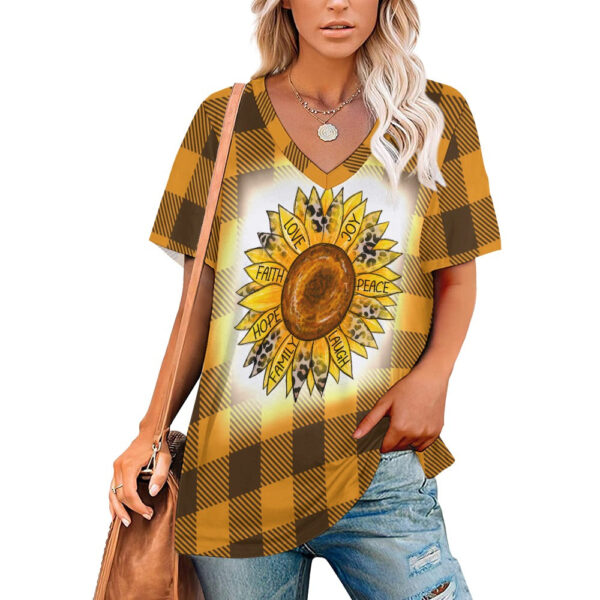 Buffalo Plaid Sunflower V-Neck Loose Short Sleeve T-Shirt - Image 6