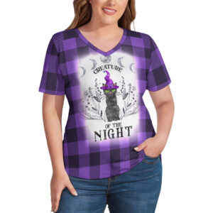 Buffalo Plaid  Creature of the Night V-Neck Loose Short Sleeve T-Shirt