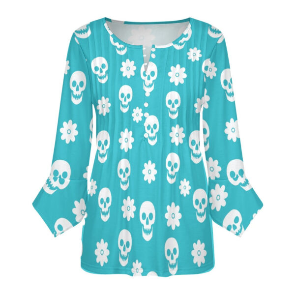 Lt Blue Floral Skulls Ruffled Petal Sleeve Top - Image 3