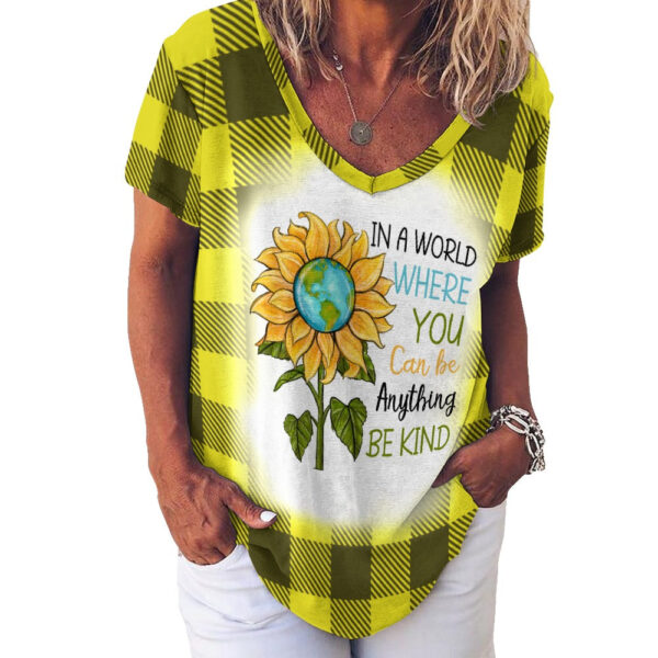 Buffalo Plaid  Be Kind Sunflower Ladies V-Neck Loose Short Sleeve T-Shirt - Image 7
