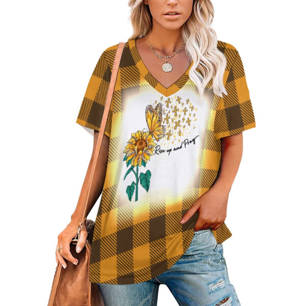 Buffalo Plaid  Rise Up and Pray V-Neck Loose Short Sleeve T-Shirt - Image 4