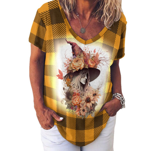 Buffalo Plaid  Witch Ladies V-Neck Loose Short Sleeve T-Shirt - Image 7