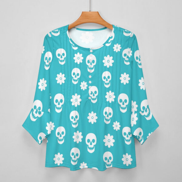 Lt Blue Floral Skulls Ruffled Petal Sleeve Top - Image 5
