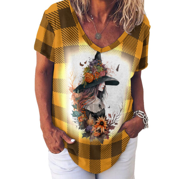 Buffalo Plaid  Witch Ladies V-Neck Loose Short Sleeve T-Shirt - Image 5