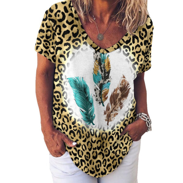 Western Feathers V-Neck Loose Short Sleeve T-Shirt - Image 4