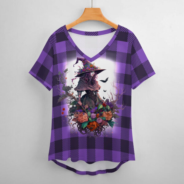 Buffalo Plaid  Witch Ladies V-Neck Loose Short Sleeve T-Shirt - Image 5