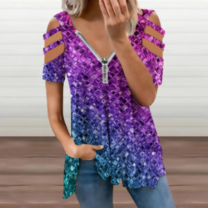 Ladies Glitter Look Zip Off Shoulder Top