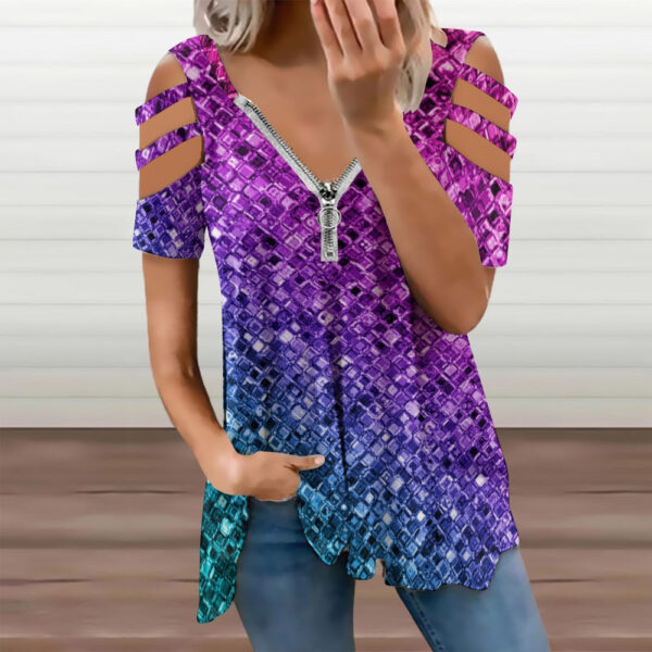 Ladies Glitter Look Zip Off Shoulder Top