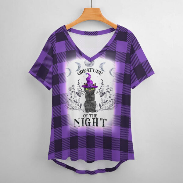 Buffalo Plaid  Creature of the Night V-Neck Loose Short Sleeve T-Shirt - Image 2