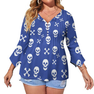 Blue Skull Print Ruffled Petal Sleeve Top