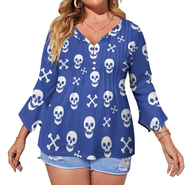 Blue Skull Print Ruffled Petal Sleeve Top