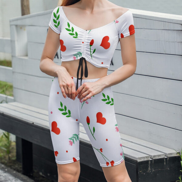 Hearts and Flowers Elastic Short Sleeve Ladies Yoga Set - Image 2