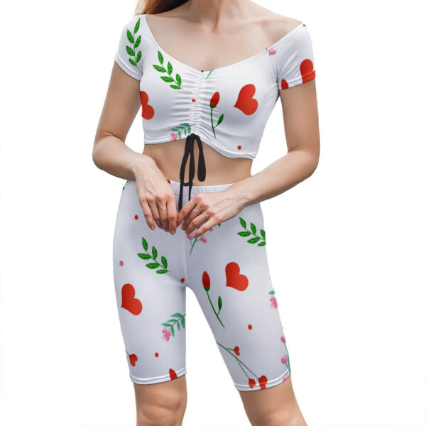 Hearts and Flowers Elastic Short Sleeve Ladies Yoga Set - Image 3