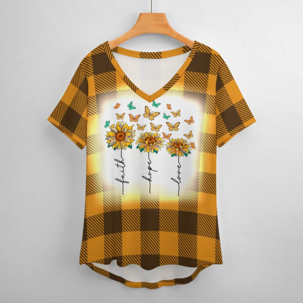 Buffalo Plaid  Faith Hope Love V-Neck Loose Short Sleeve T-Shirt - Image 2