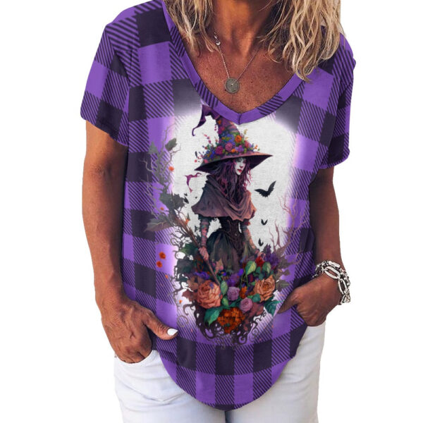 Buffalo Plaid  Witch Ladies V-Neck Loose Short Sleeve T-Shirt - Image 2