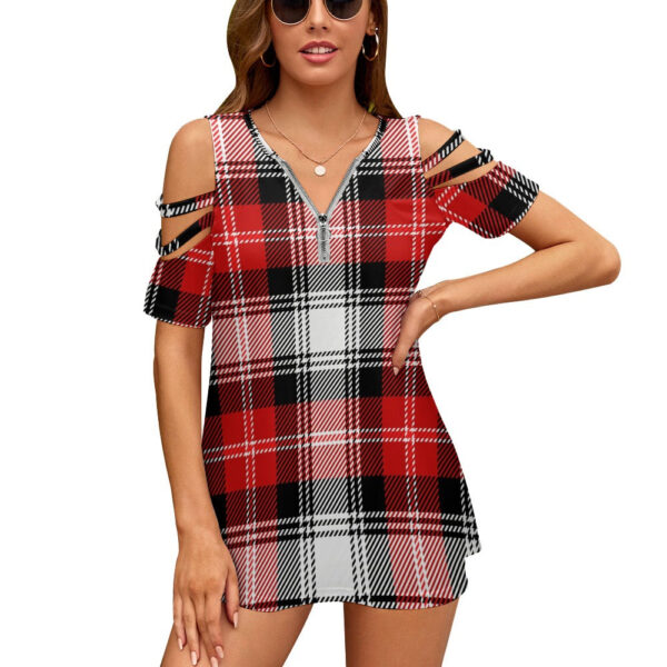 Ladies Plaid BE Zip Off Shoulder Top - Image 3