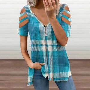 Ladies Blue Plaid BE Zip Off Shoulder Top
