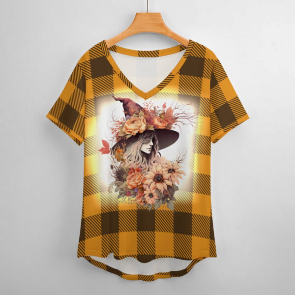 Buffalo Plaid  Witch Ladies V-Neck Loose Short Sleeve T-Shirt - Image 3