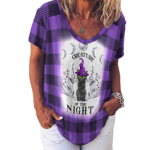 Buffalo Plaid  Creature of the Night V-Neck Loose Short Sleeve T-Shirt - Image 4