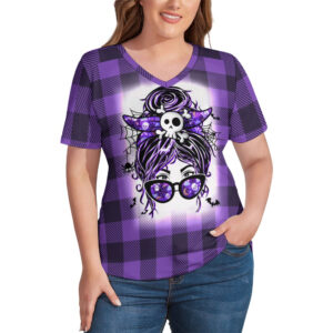 Buffalo Plaid  Witchy Ladies V-Neck Loose Short Sleeve T-Shirt