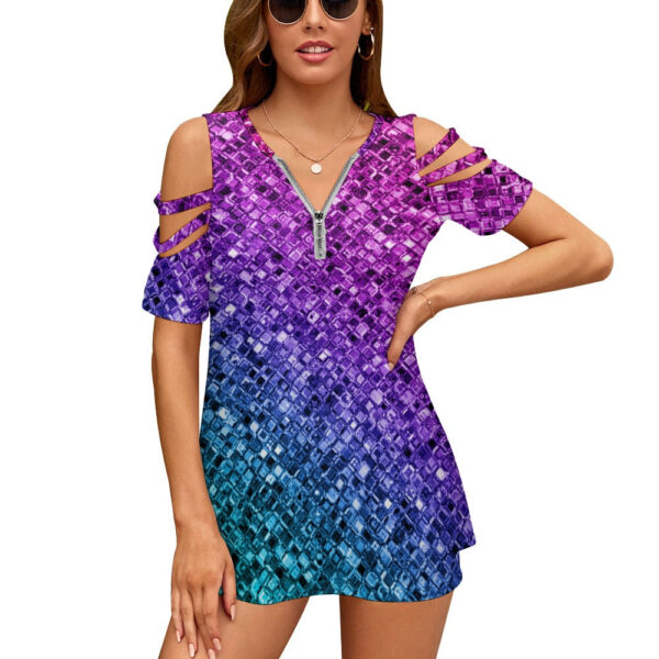 Ladies Glitter Look Zip Off Shoulder Top - Image 4