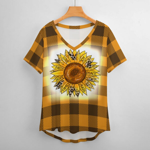 Buffalo Plaid Sunflower V-Neck Loose Short Sleeve T-Shirt - Image 2