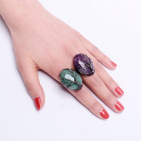 Natural Stone Egg Shape Wrapped Tree of Life Antique Ring - Image 6