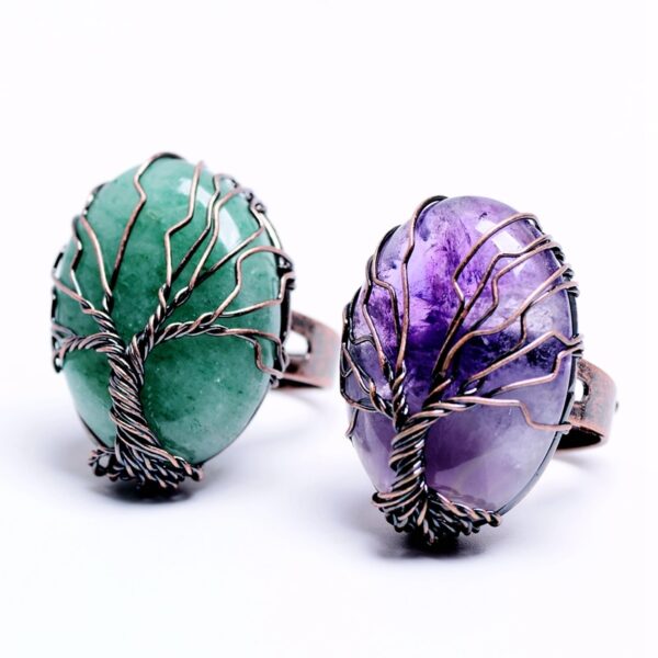 Natural Stone Egg Shape Wrapped Tree of Life Antique Ring - Image 2
