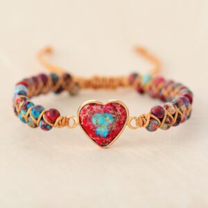 Natural Stone Jasper Heart Charm String Braided Macrame Bracelets