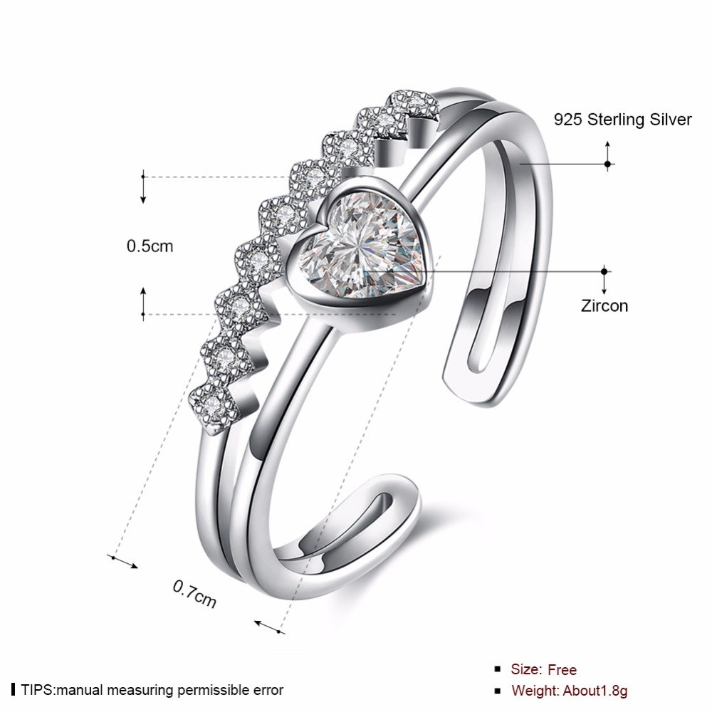 925 Sterling Silver Heart Zirconia Adjustable Love Ring - Image 2