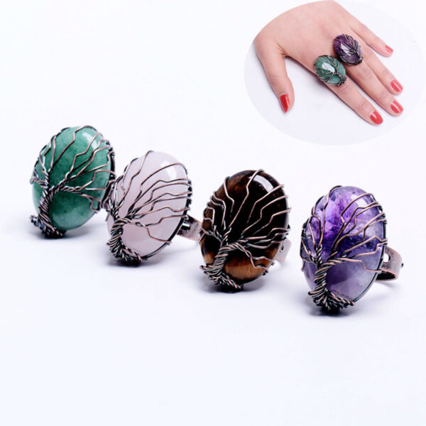 Natural Stone Egg Shape Wrapped Tree of Life Antique Ring