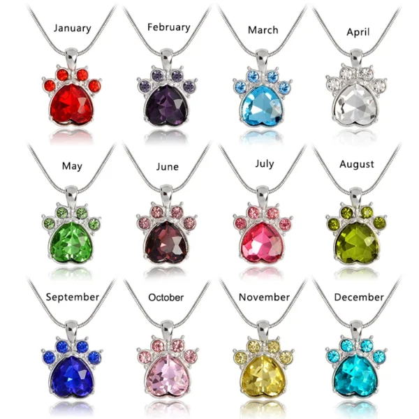 Rhinestone Paw Charm Birthstone Necklace