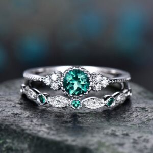 2Pcs/Set Luxury Green Blue Stone Crystal Ring