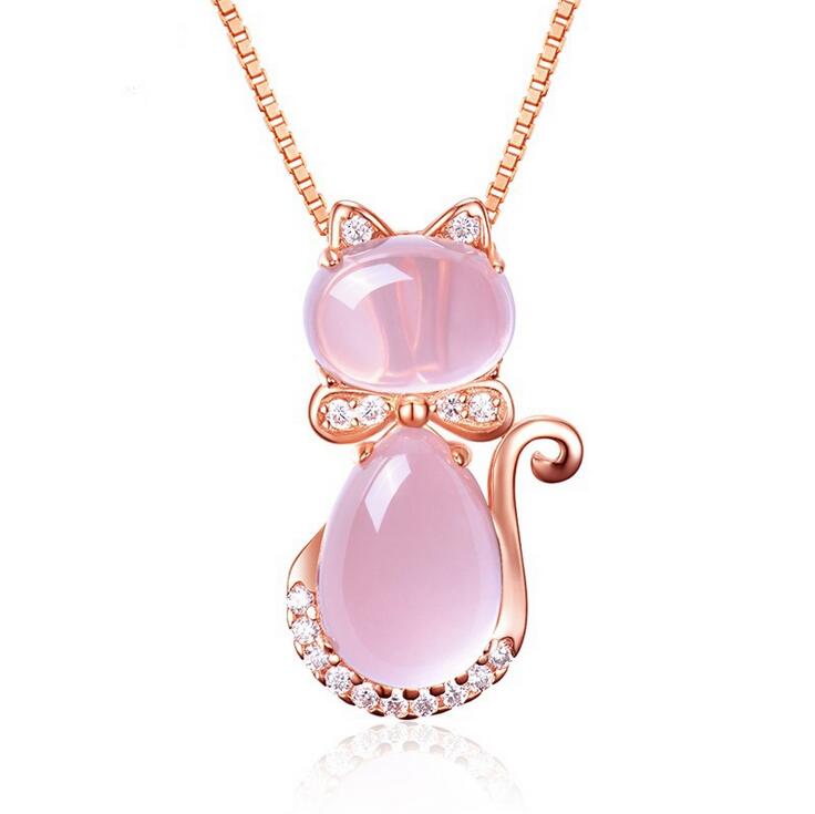 Rose Pink Opal Kitty Cat Pendant Necklace