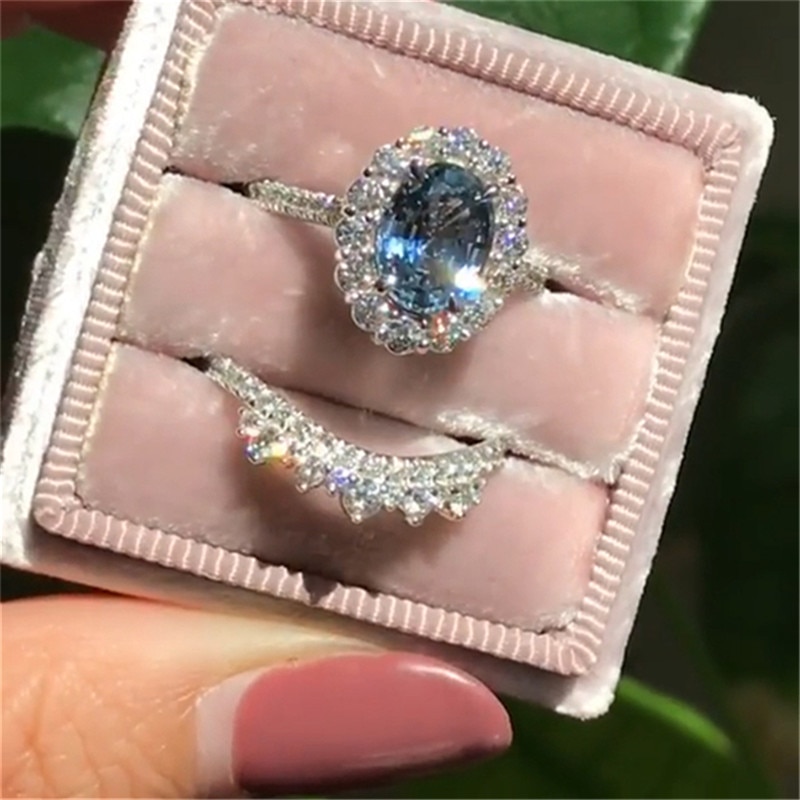 2pc Set Vintage Oval Cut Natural Crystal Engagement Ring