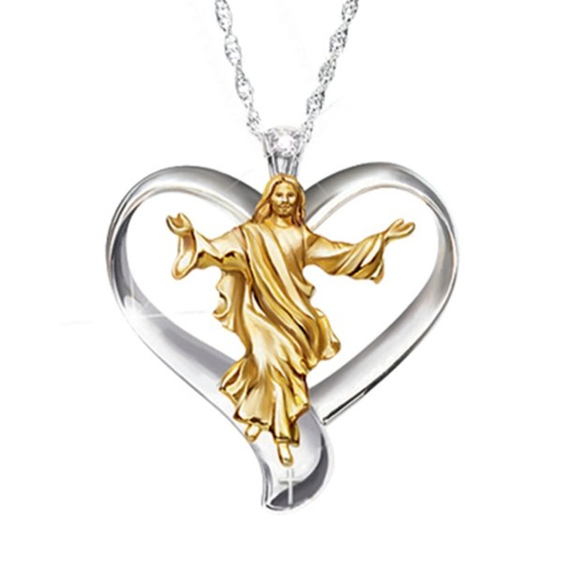 Gold and Silver Heart Jesus Necklace